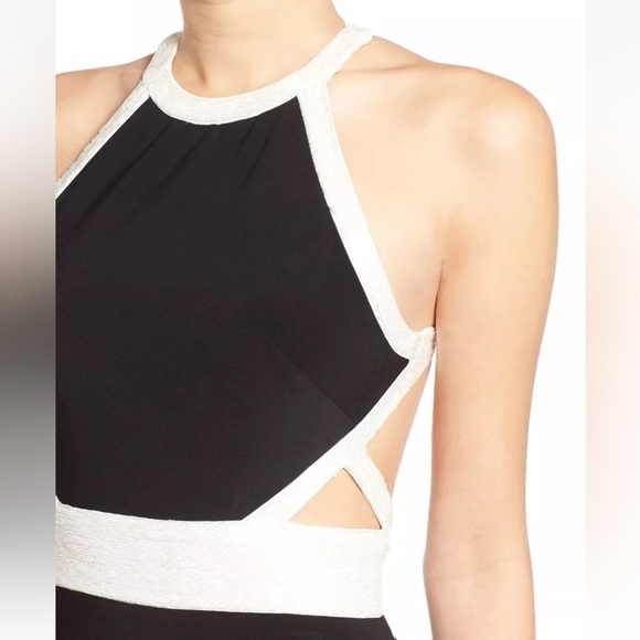 MAC DUGGAL 40518L Black White Beaded Fiona Cutout High Neck & Slit Dress Gown 4 - Picture 6 of 16